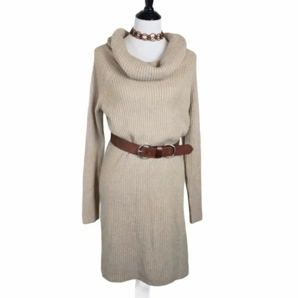 Halogen Sweater Dress Small Beige Ribbed Cowl Neck Long Sleeve Sheath